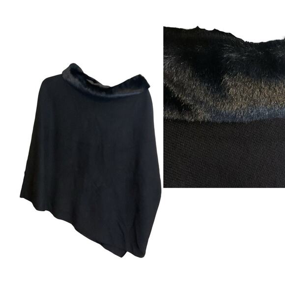 Talbots Black Faux Fur Trim Asymmetrical Hem Cape Poncho Women XS/S - Picture 9 of 12